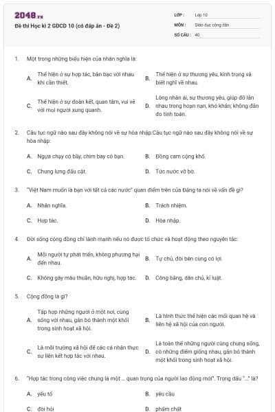 Đề thi Học kì 2 GDCD 10 (có đáp án - Đề 2)