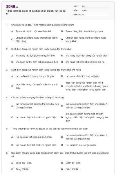 13 Đề kiểm tra Vật Lí 11 cực hay có lời giải chi tiết (Đề số 6)