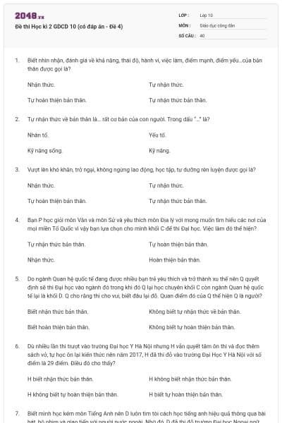 Đề thi Học kì 2 GDCD 10 (có đáp án - Đề 4)