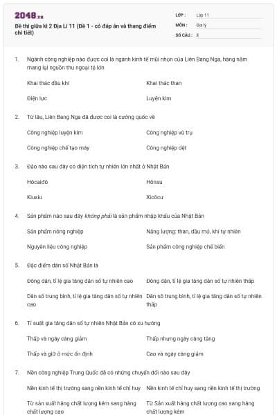 Đề thi giữa kì 2 Địa Lí 11 (Đề 1 - có đáp án và thang điểm chi tiết)