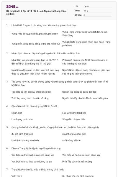 Đề thi giữa kì 2 Địa Lí 11 (Đề 2 - có đáp án và thang điểm chi tiết)