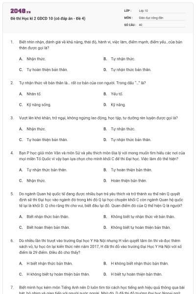 Đề thi Học kì 2 GDCD 10 (có đáp án - Đề 4)