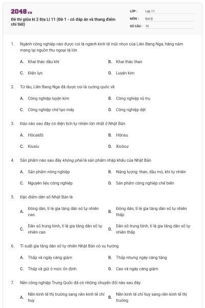 Đề thi giữa kì 2 Địa Lí 11 (Đề 1 - có đáp án và thang điểm chi tiết)