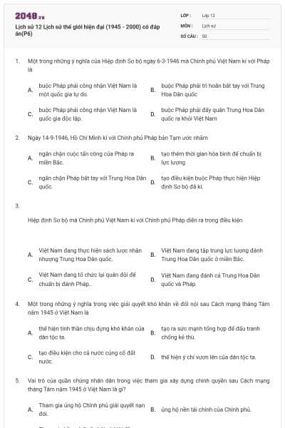 Lịch sử 12 Lịch sử thế giới hiện đại (1945 - 2000) có đáp án(P6)