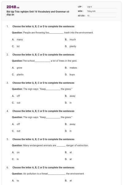 Bài tập Trắc nghiệm Unit 16 Vocabulary and Grammar có đáp án
