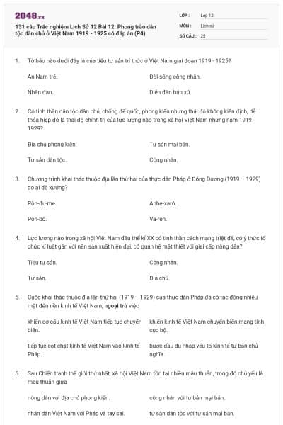 131 câu Trắc nghiệm Lịch Sử 12 Bài 12: Phong trào dân tộc dân chủ ở Việt Nam 1919 - 1925 có đáp án (P4)