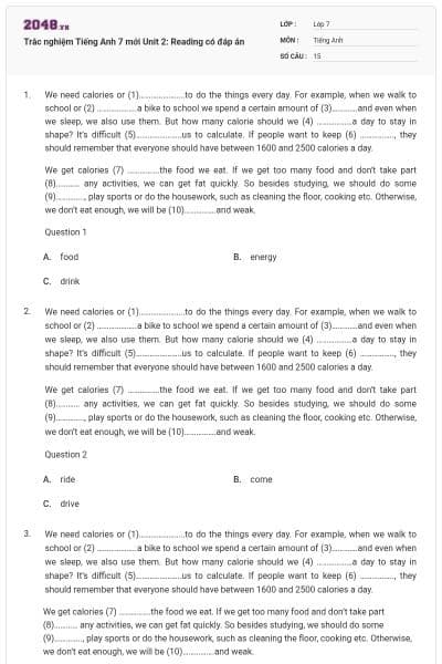 Trắc nghiệm Tiếng Anh 7 mới Unit 2: Reading có đáp án