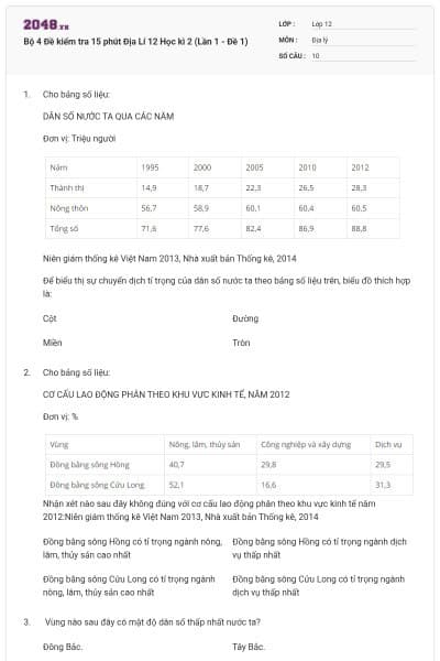 Bộ 4 Đề kiểm tra 15 phút Địa Lí 12 Học kì 2 (Lần 1 - Đề 1)