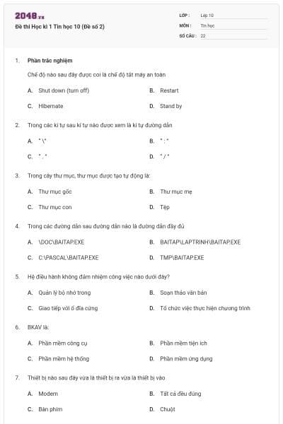 Đề thi Học kì 1 Tin học 10 (Đề số 2)