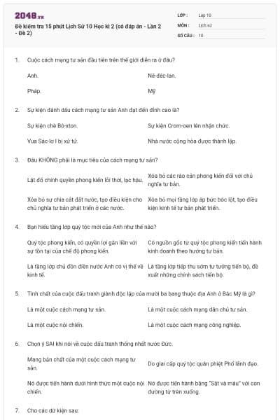 Đề kiểm tra 15 phút Lịch Sử 10 Học kì 2 (có đáp án - Lần 2 - Đề 2)