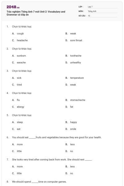 Trắc nghiệm Tiếng Anh 7 mới Unit 2: Vocabulary and Grammar có đáp án