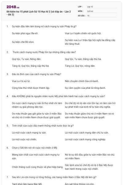 Đề kiểm tra 15 phút Lịch Sử 10 Học kì 2 (có đáp án - Lần 2 - Đề 3)