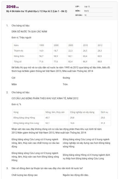 Bộ 4 Đề kiểm tra 15 phút Địa Lí 12 Học kì 2 (Lần 1 - Đề 2)