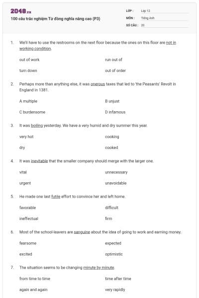 100 câu trắc nghiệm Từ đồng nghĩa nâng cao (P3)