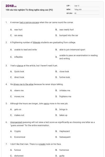 100 câu trắc nghiệm Từ đồng nghĩa nâng cao (P2)