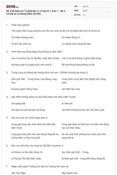 Bộ 4 Đề kiểm tra 15 phút Địa Lí 12 Học kì 1 (Lần 1 - Đề 2 - có đáp án và thang điểm chi tiết)