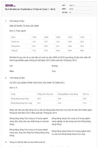 Bộ 4 Đề kiểm tra 15 phút Địa Lí 12 Học kì 2 (Lần 1 - Đề 3)