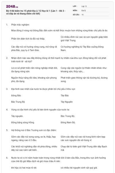 Bộ 4 Đề kiểm tra 15 phút Địa Lí 12 Học kì 1 (Lần 1 - Đề 3 - có đáp án và thang điểm chi tiết)