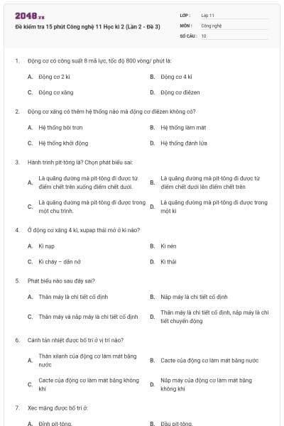 Đề kiểm tra 15 phút Công nghệ 11 Học kì 2 (Lần 2 - Đề 3)
