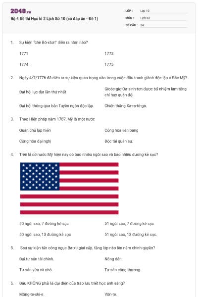 Bộ 4  Đề thi Học kì 2 Lịch Sử 10 (có đáp án - Đề 1)