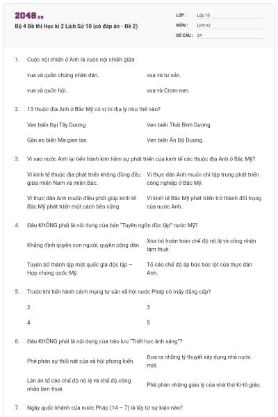 Bộ 4  Đề thi Học kì 2 Lịch Sử 10 (có đáp án - Đề 2)
