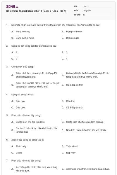 Đề kiểm tra 15 phút Công nghệ 11 Học kì 2 (Lần 2 - Đề 4)