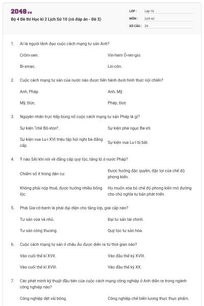 Bộ 4  Đề thi Học kì 2 Lịch Sử 10 (có đáp án - Đề 3)