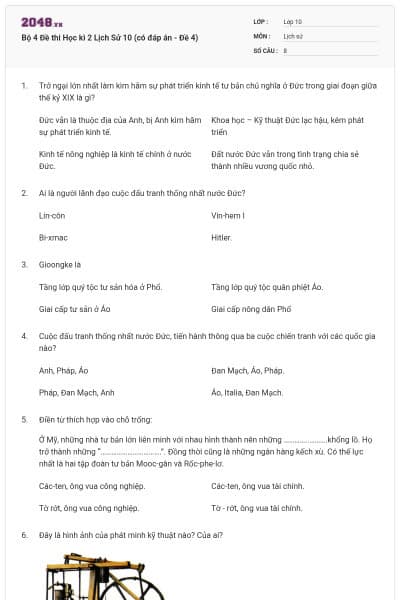 Bộ 4  Đề thi Học kì 2 Lịch Sử 10 (có đáp án - Đề 4)
