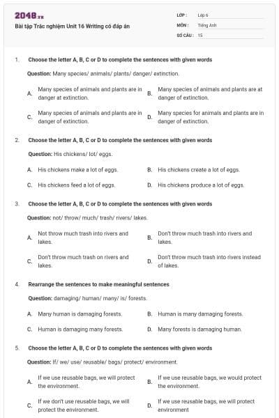 Bài tập Trắc nghiệm Unit 16 Writing có đáp án