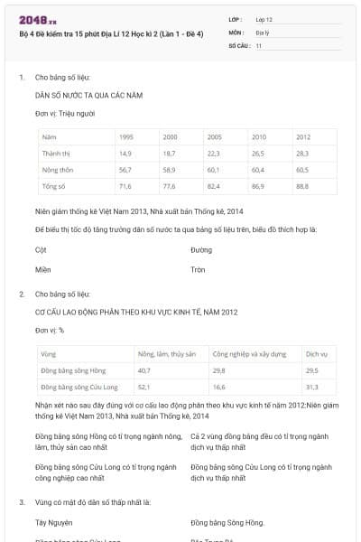 Bộ 4 Đề kiểm tra 15 phút Địa Lí 12 Học kì 2 (Lần 1 - Đề 4)