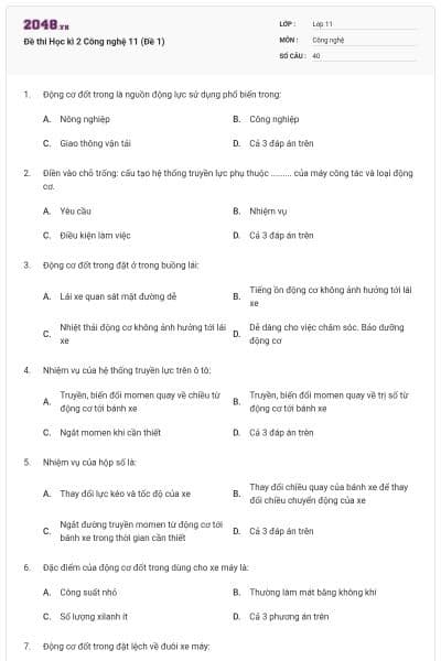 Đề thi Học kì 2 Công nghệ 11 (Đề 1)