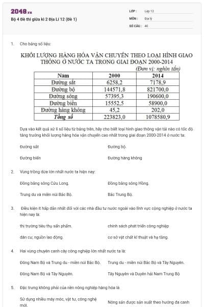 Bộ 4 Đề thi giữa kì 2 Địa Lí 12 (Đề 1)