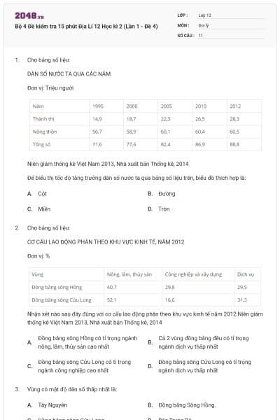 Bộ 4 Đề kiểm tra 15 phút Địa Lí 12 Học kì 2 (Lần 1 - Đề 4)