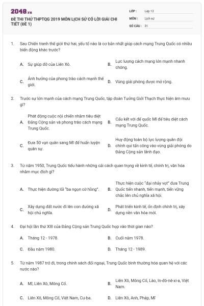 ĐỀ THI THỬ THPTQG 2019 MÔN LỊCH SỬ CÓ LỜI GIẢI CHI TIẾT (ĐỀ 1)