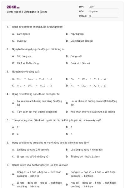Đề thi Học kì 2 Công nghệ 11 (Đề 2)