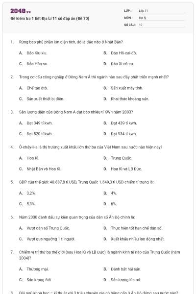 Đề kiểm tra 1 tiết Địa Lí 11 có đáp án (Đề 70)