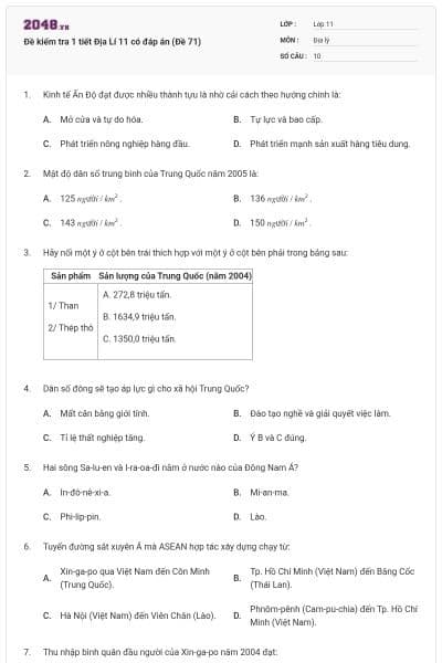 Đề kiểm tra 1 tiết Địa Lí 11 có đáp án (Đề 71)