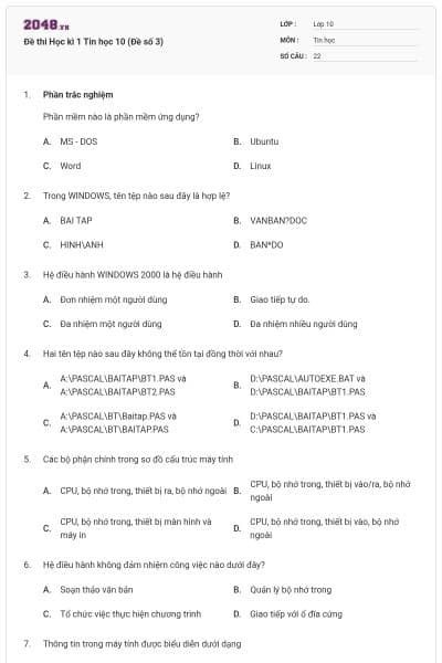 Đề thi Học kì 1 Tin học 10 (Đề số 3)