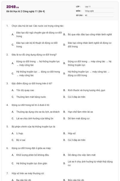 Đề thi Học kì 2 Công nghệ 11 (Đề 4)