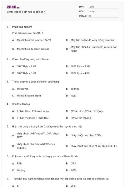 Đề thi Học kì 1 Tin học 10 (Đề số 4)