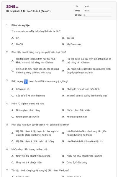 Đề thi giữa kì 1 Tin học 10 Lần 2 (Đề số 1)
