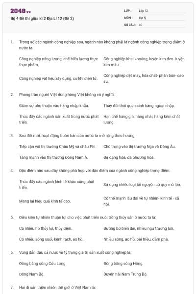 Bộ 4 Đề thi giữa kì 2 Địa Lí 12 (Đề 2)