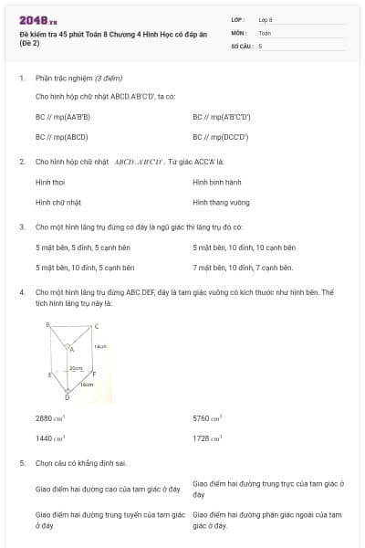 Đề kiểm tra 45 phút Toán 8 Chương 4 Hình Học có đáp án (Đề 2)