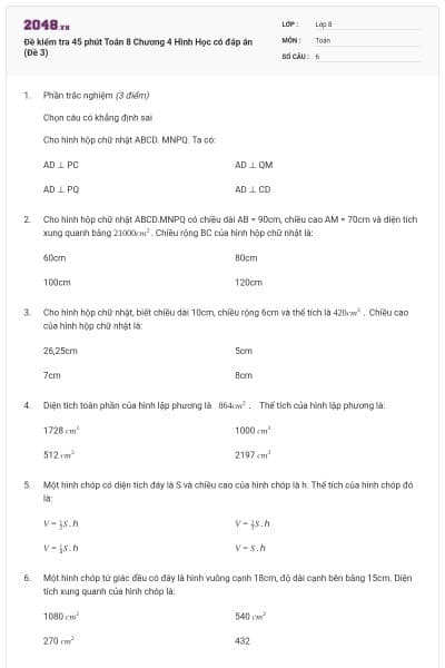 Đề kiểm tra 45 phút Toán 8 Chương 4 Hình Học có đáp án (Đề 3)
