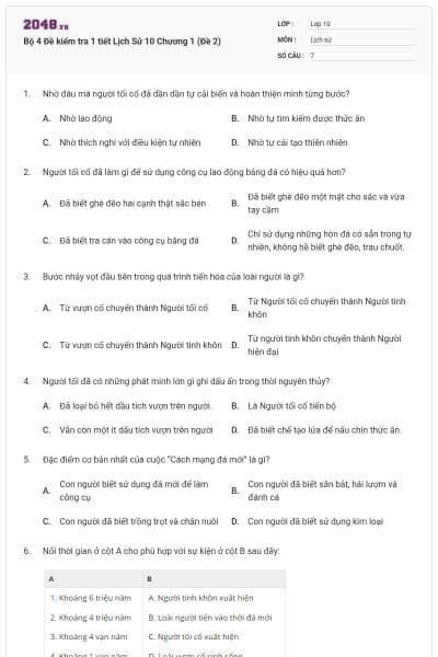Bộ 4 Đề kiểm tra 1 tiết Lịch Sử 10 Chương 1 (Đề 2)