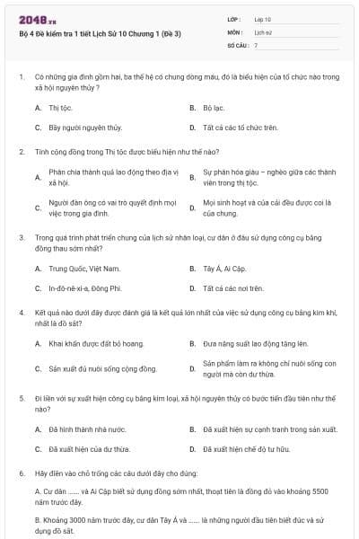Bộ 4 Đề kiểm tra 1 tiết Lịch Sử 10 Chương 1 (Đề 3)