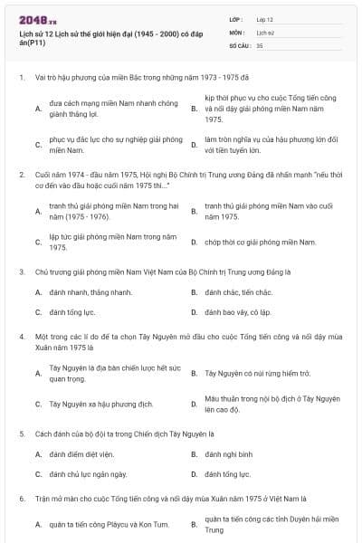 Lịch sử 12 Lịch sử thế giới hiện đại (1945 - 2000) có đáp án(P11)
