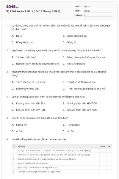 Bộ 4 Đề kiểm tra 1 tiết Lịch Sử 10 Chương 2 (Đề 3)