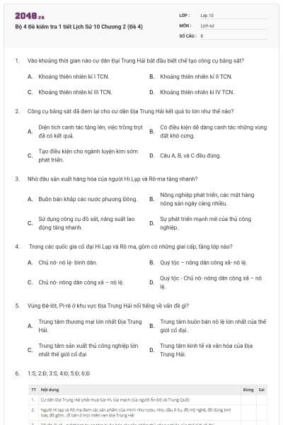 Bộ 4 Đề kiểm tra 1 tiết Lịch Sử 10 Chương 2 (Đề 4)