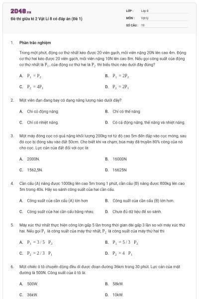 Đề thi giữa kì 2 Vật Lí 8 có đáp án (Đề 1)